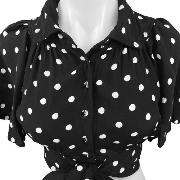 Anthropologie Black Polka Dots Button Collar Tie Waist Crop Top Blouse Shirt 0 - Picture 4 of 6